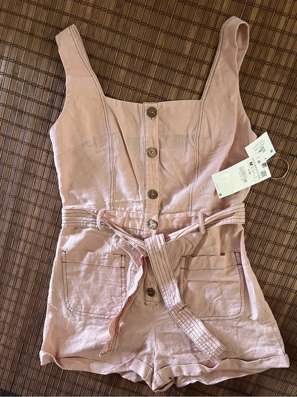 NWT Zara Light Pink Linen Tie Waist Romper Jumper w/ Pockets - M/ $49.90